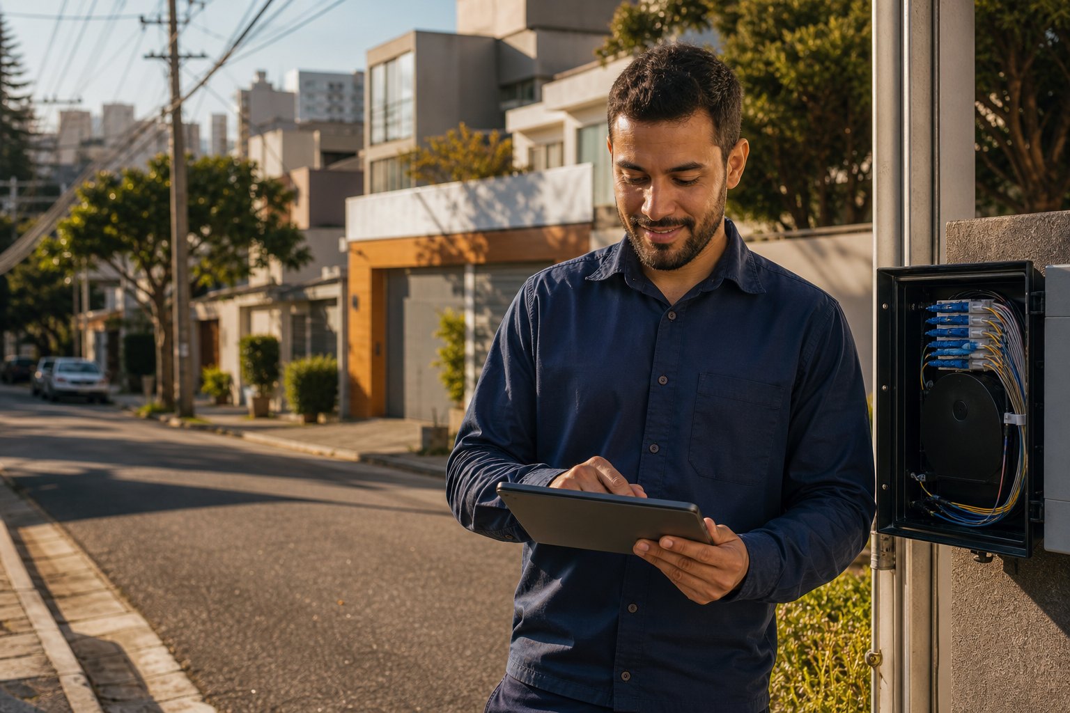 Técnico verificando a cobertura da rede de fibra em um bairro de São Paulo
